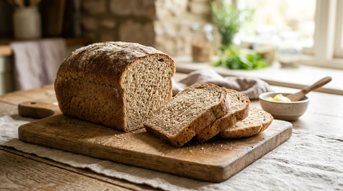 A sliced wholemeal sandwich loaf showing a soft even crumb