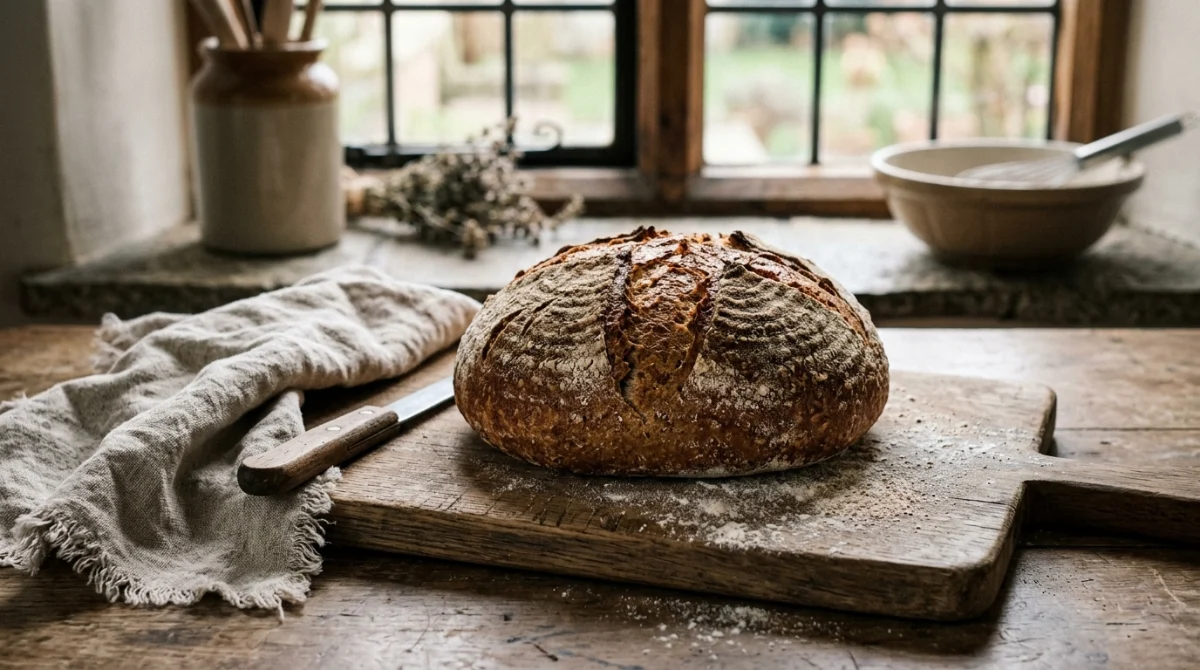A rustic round wholemeal loaf made with fresh-milled flour on a wooden board