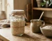 An active sourdough starter in a glass jar beside wholemeal flour and water