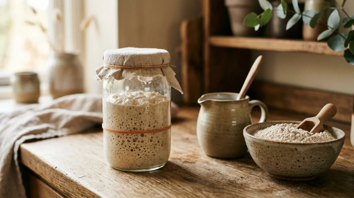 An active sourdough starter in a glass jar beside wholemeal flour and water